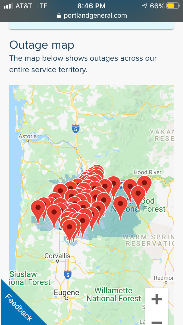 Power outage map with dozens of outages