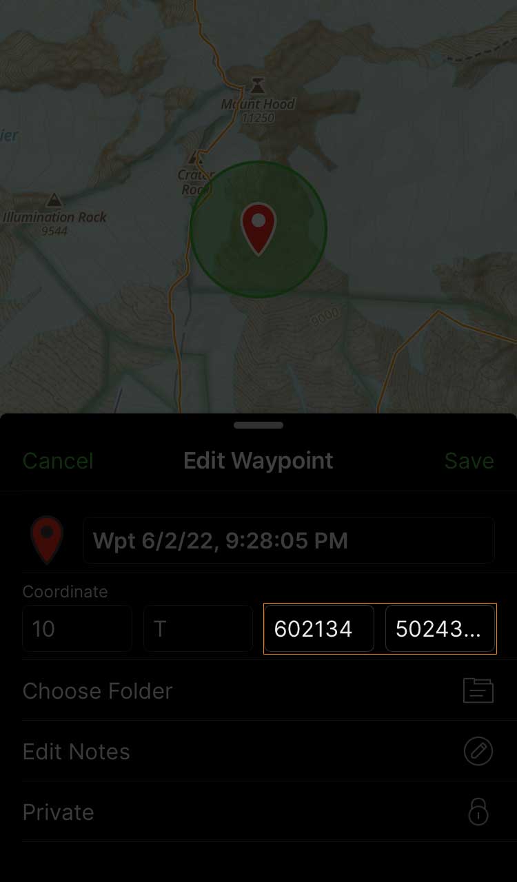 Gaia GPS interface showing the Mount Hood area with edit waypoint and the coordinates 602134 and 50243 highlighted