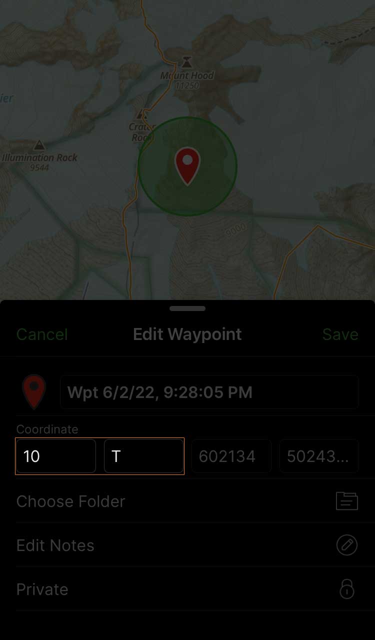 Gaia GPS interface showing the Mount Hood area with edit waypoint and 10T highlighted