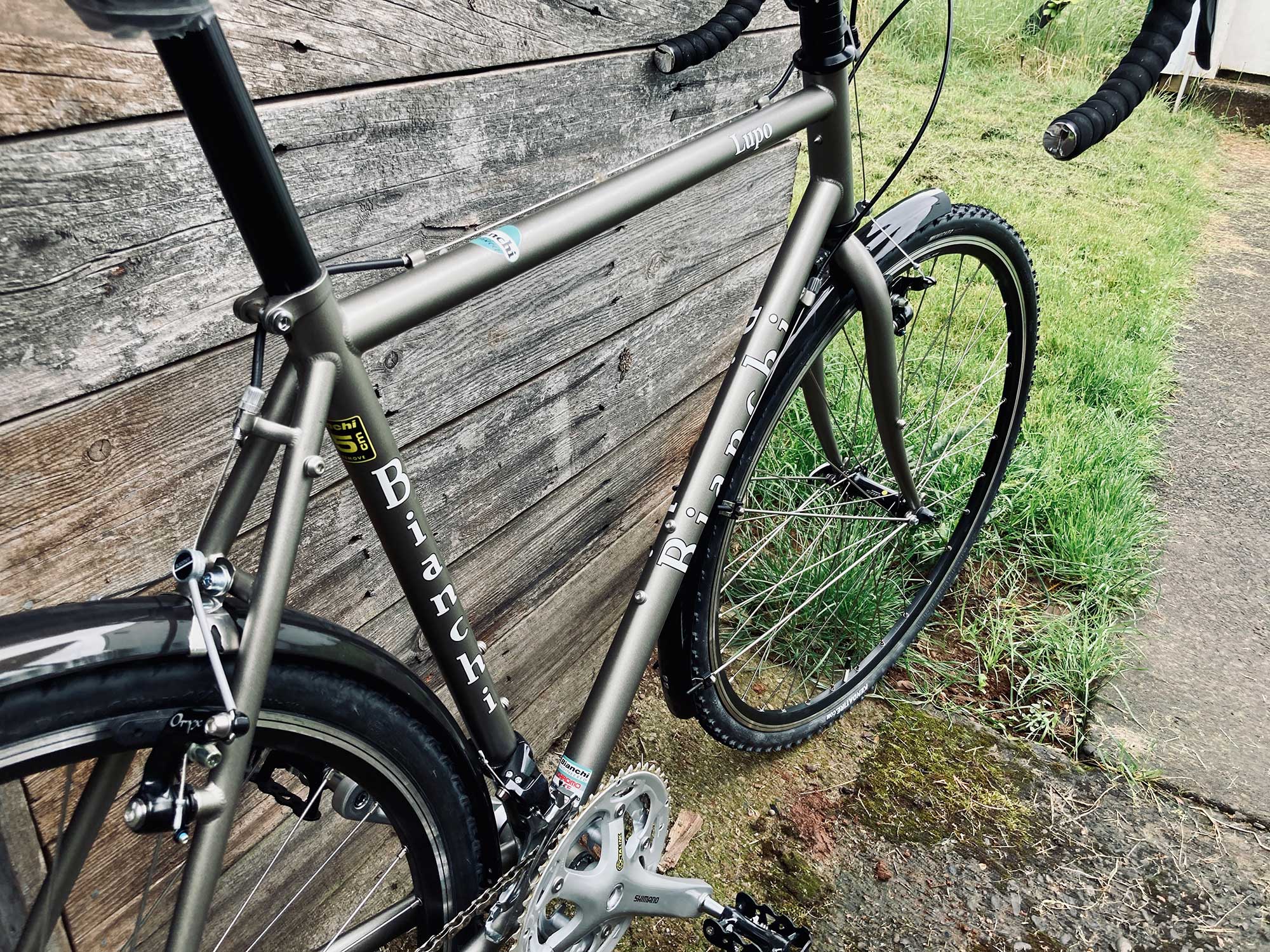 Gray bike with white lettering, Bianchi Lupo, against a wood slatted wall