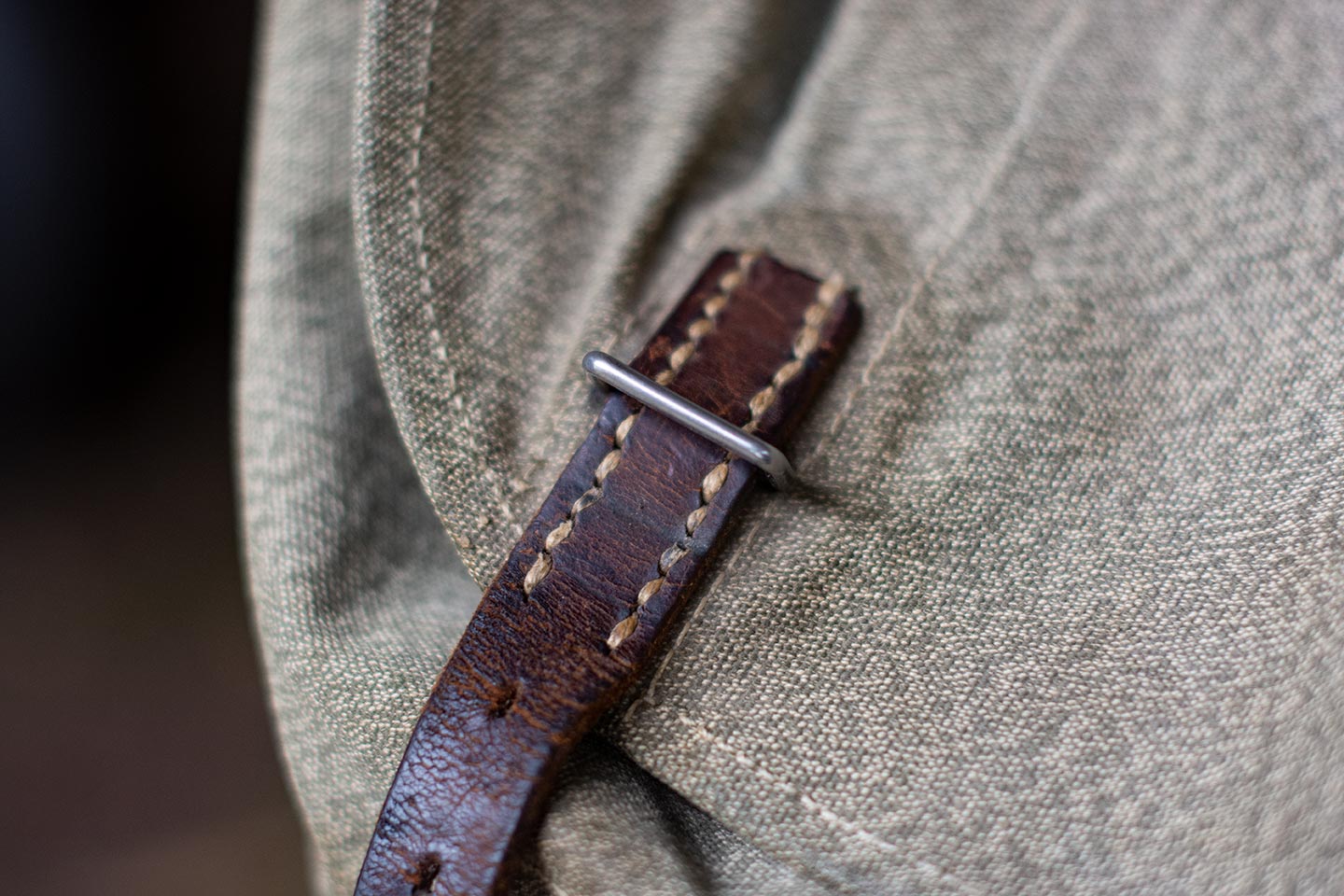 Close up of leather strap with salt and pepper, green and beige canvas