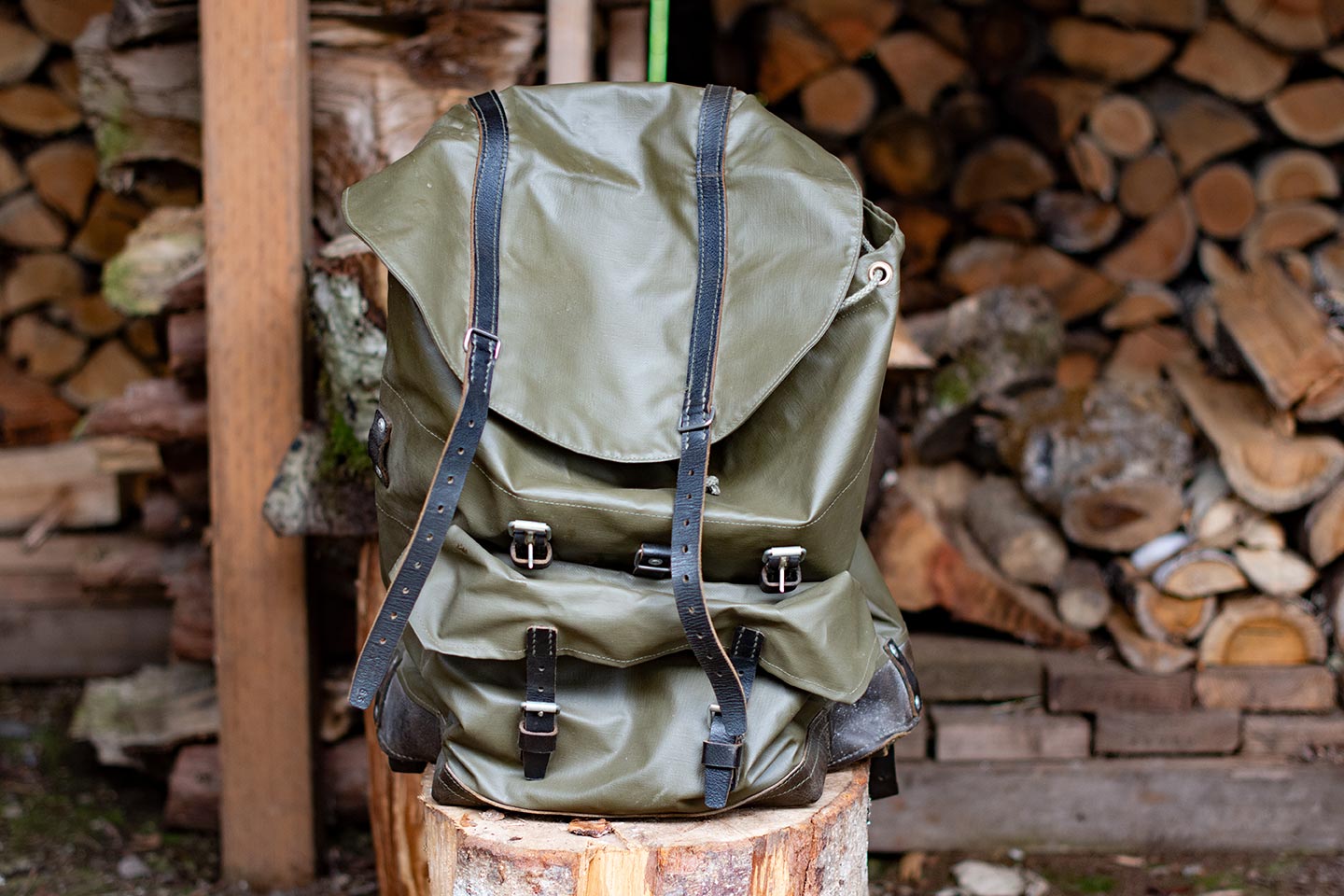 Rubberized Swiss rucksack with black leather fittings sitting on a stump in front of wood stack