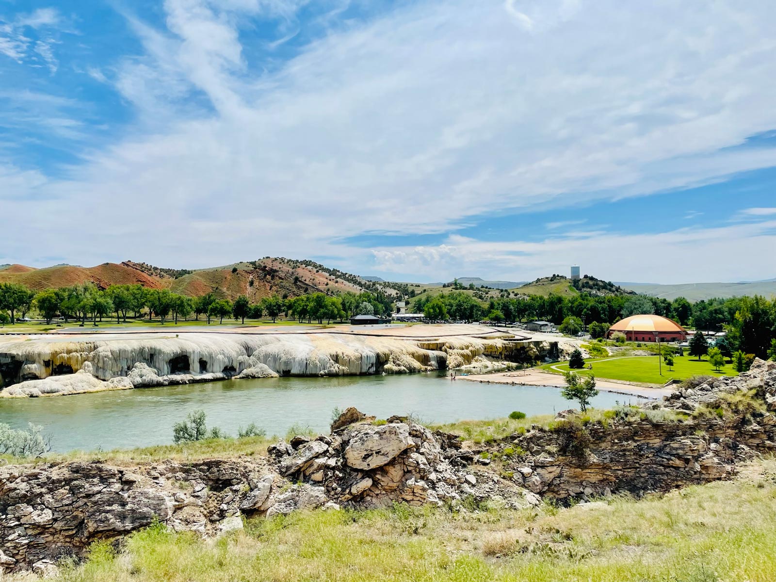 A river lined with mineral springs and a bronze domed building