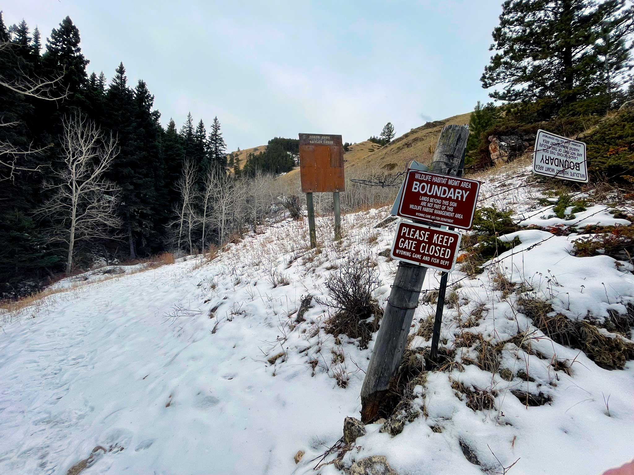 Snow on the ground as a fence marks Wildlife habitat management area boundary and Please keep gate closed