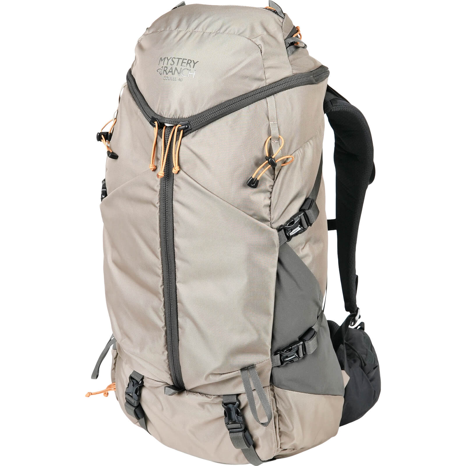 A tan backpack with black straps, black zippers, a gray mesh side pocket, and orange zipper pulls