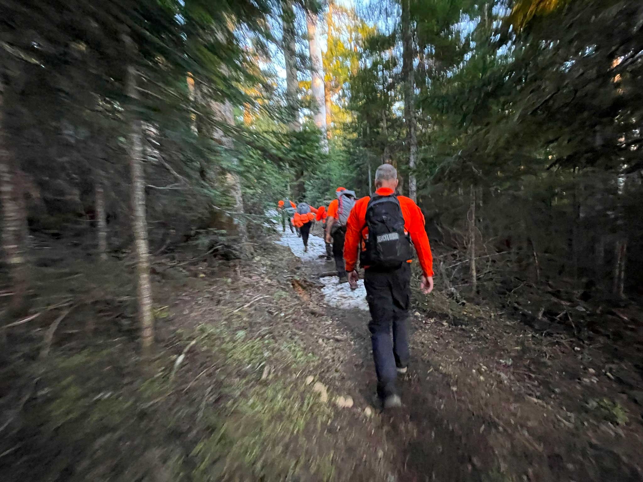 Several search and rescue team members wearing orange shirts and backpacks walk along a tree-lined trail with snow covering parts of the trail