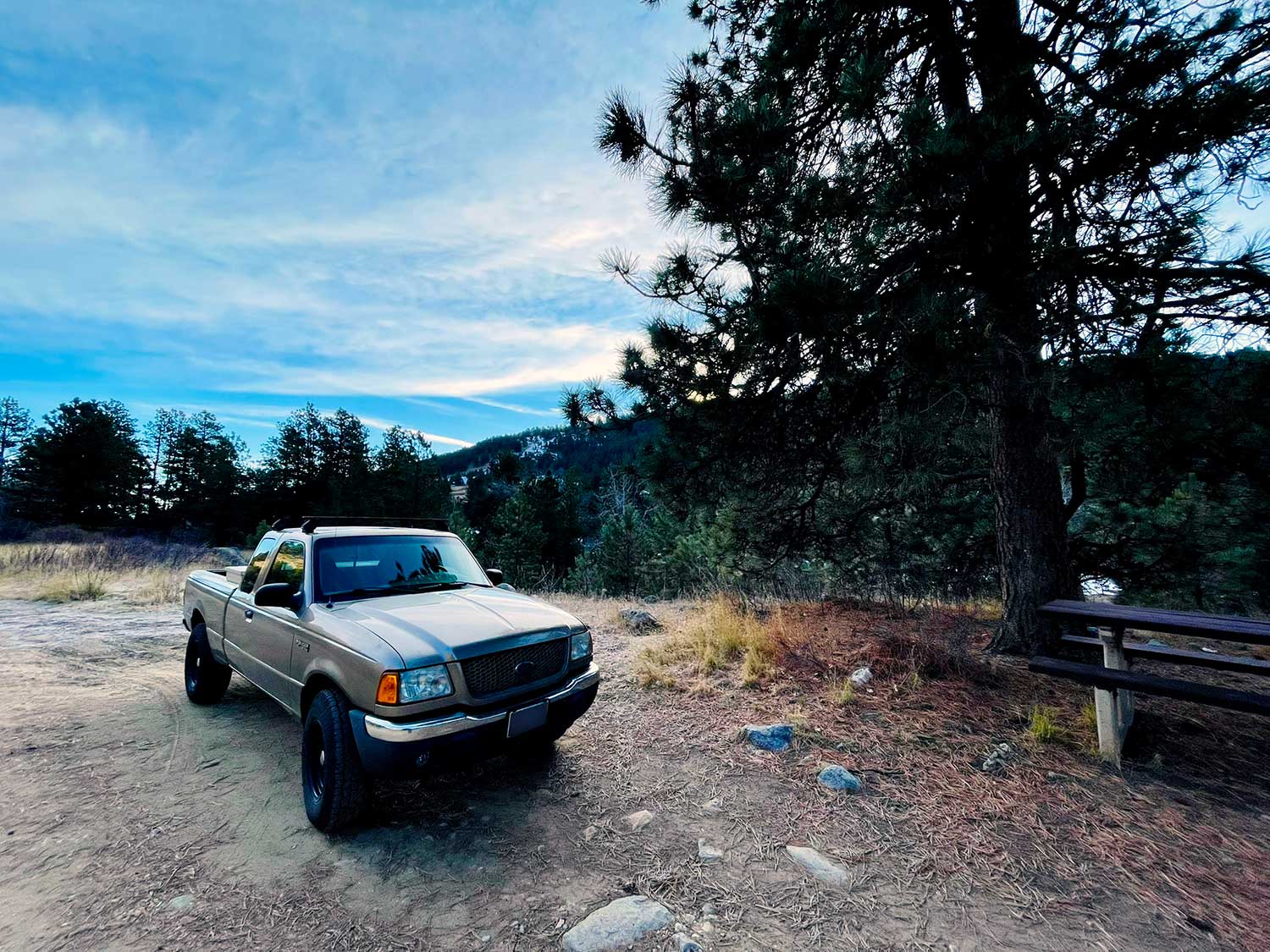 A tan pickup truck parked on a dirt road with a picnic table in the foreground near a pine tree