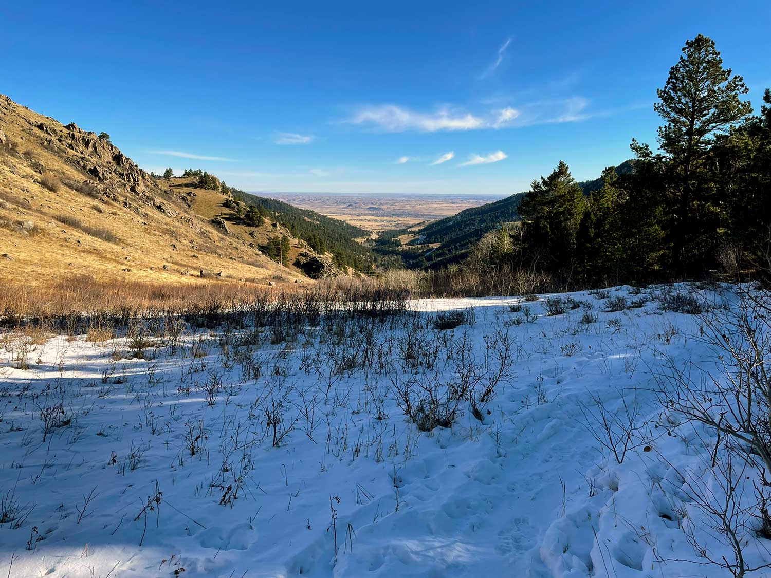 Snow in the foreground shadow of the mountain with sun shining on rocky, yellow and green mountain slopes with a blue sky and flat land in the distance