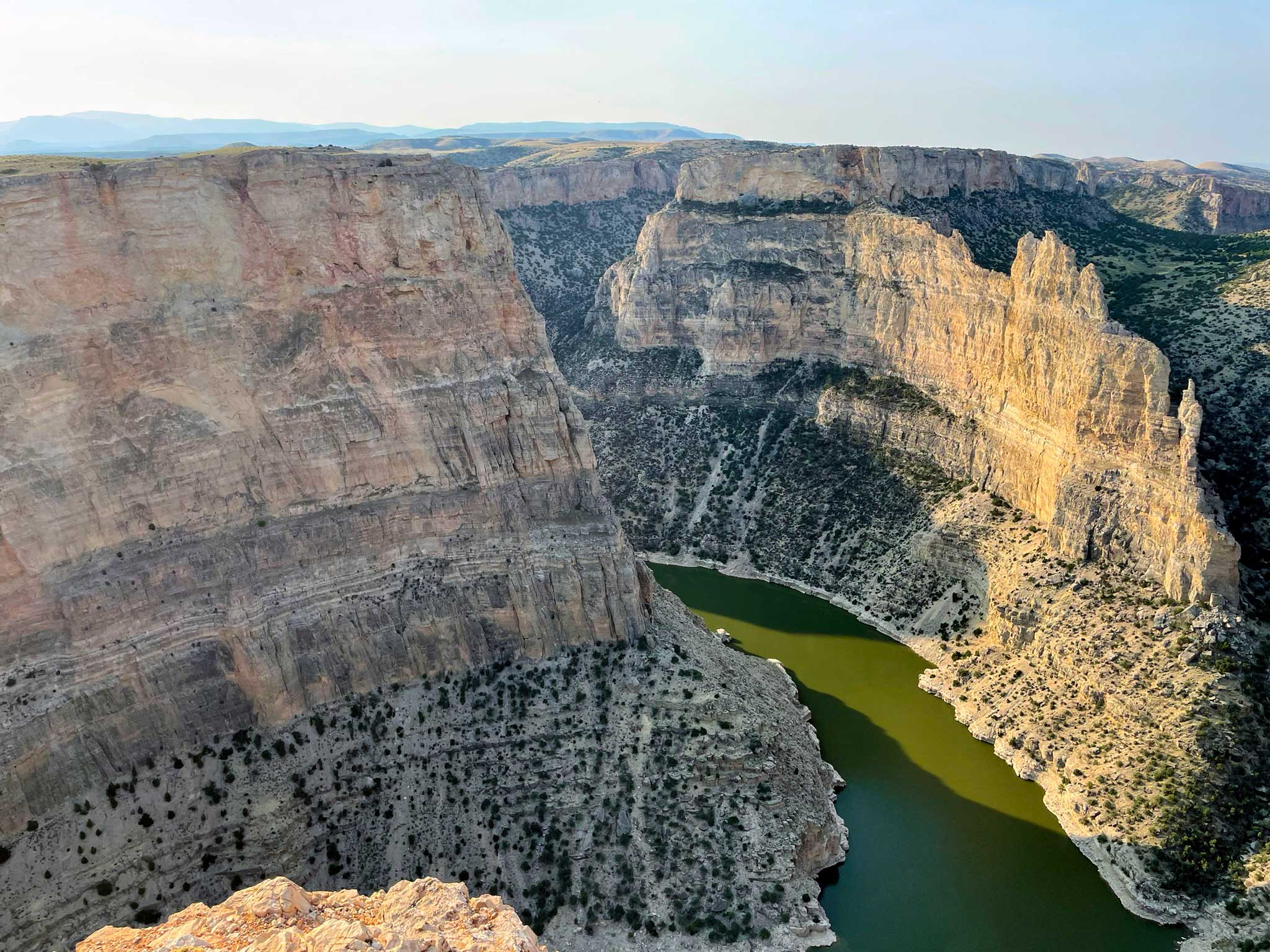 A deep canyon with multi-colored rock spires and a green river flowing at the bottom