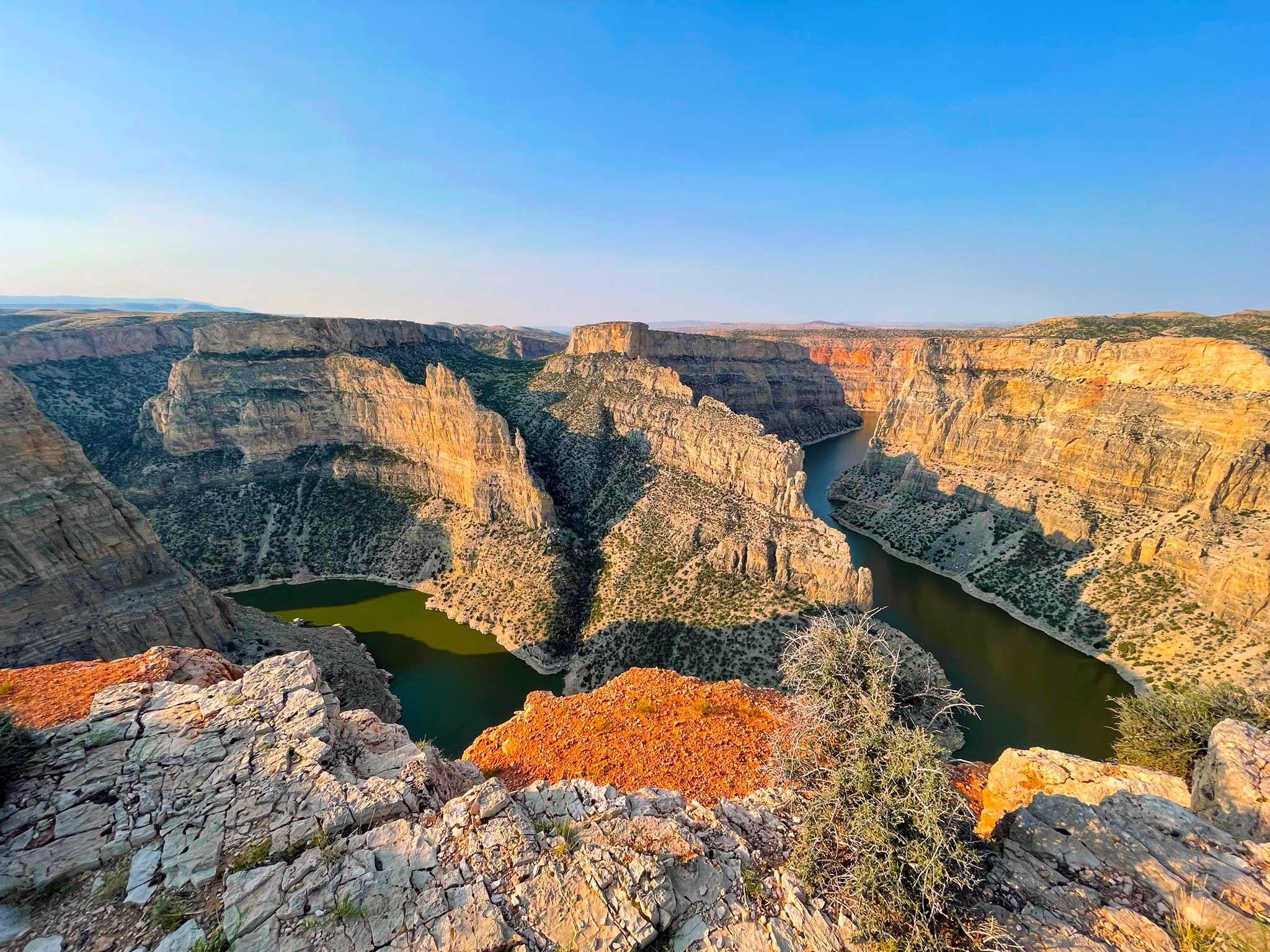 A deep canyon with orange, red, and yellow rock, with sage in the foreground, and a green river meandering at the bottom of the canyon