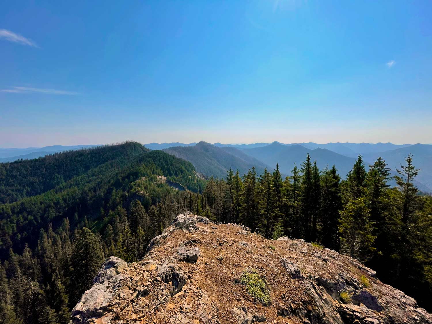 Looking at ridges, peaks, and valleys from a rocky ledge with trees around