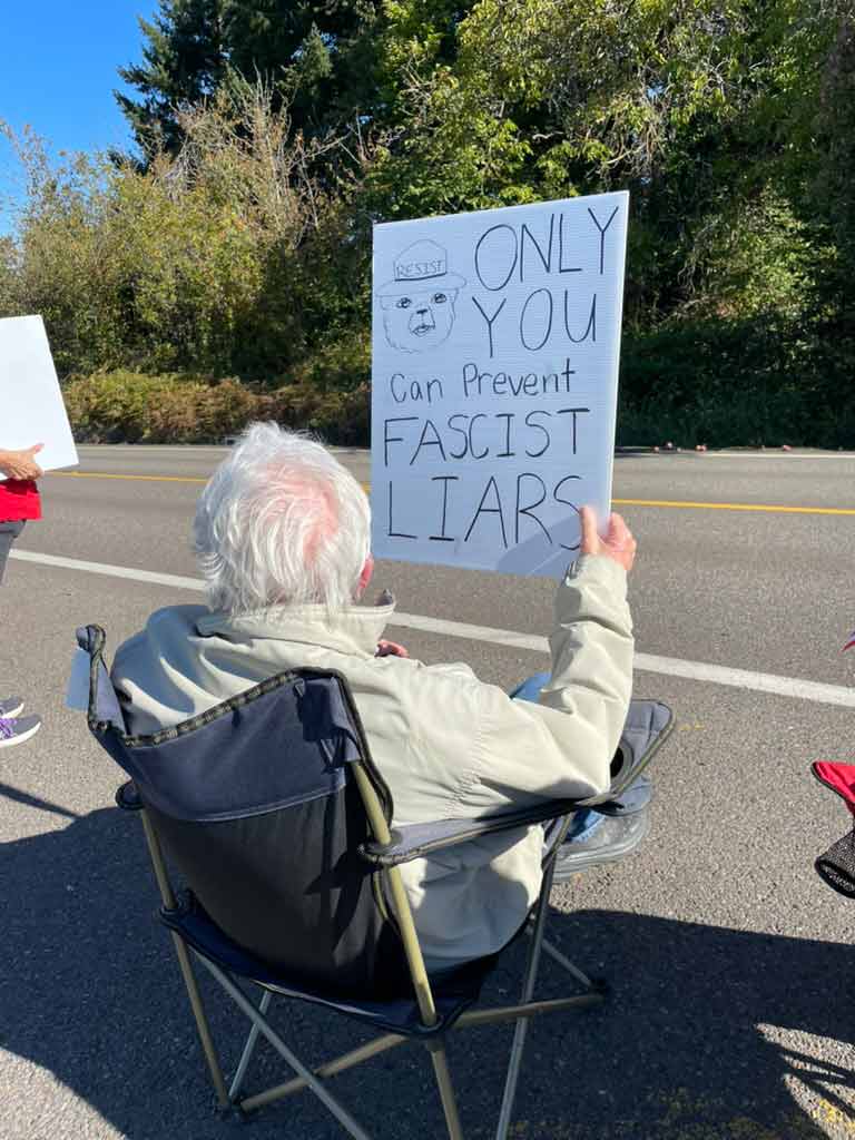 A person with white hair sits in a chair on the side of the road holding a sign with a drawing of Smokey Bear and the text Only you can prevent fascist liars
