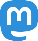 Blue logo resembling a mastodon with the letter m in the middle
