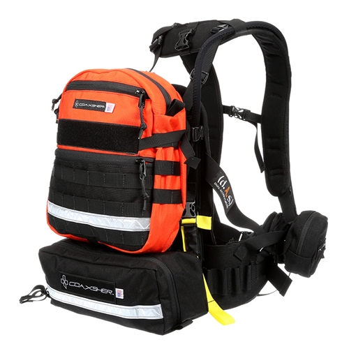 Coaxsher brand orange and black pack modules on a harness