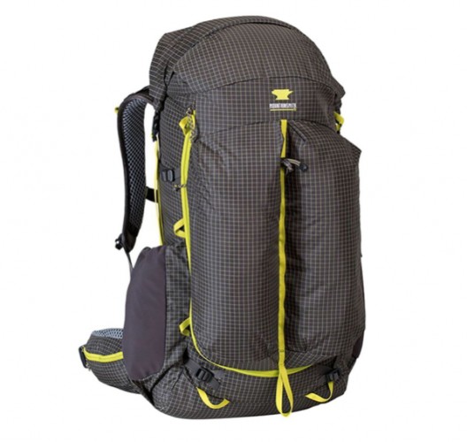 Gray and green backpack with two front pockets