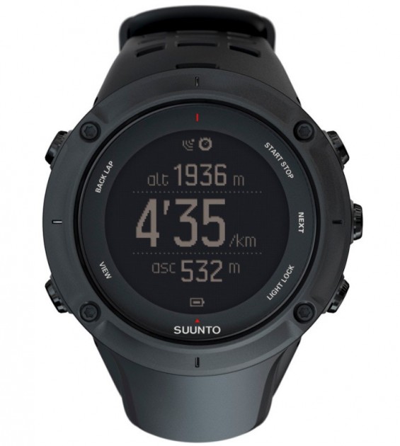 Suunto watch displaying altimeter and distance readings