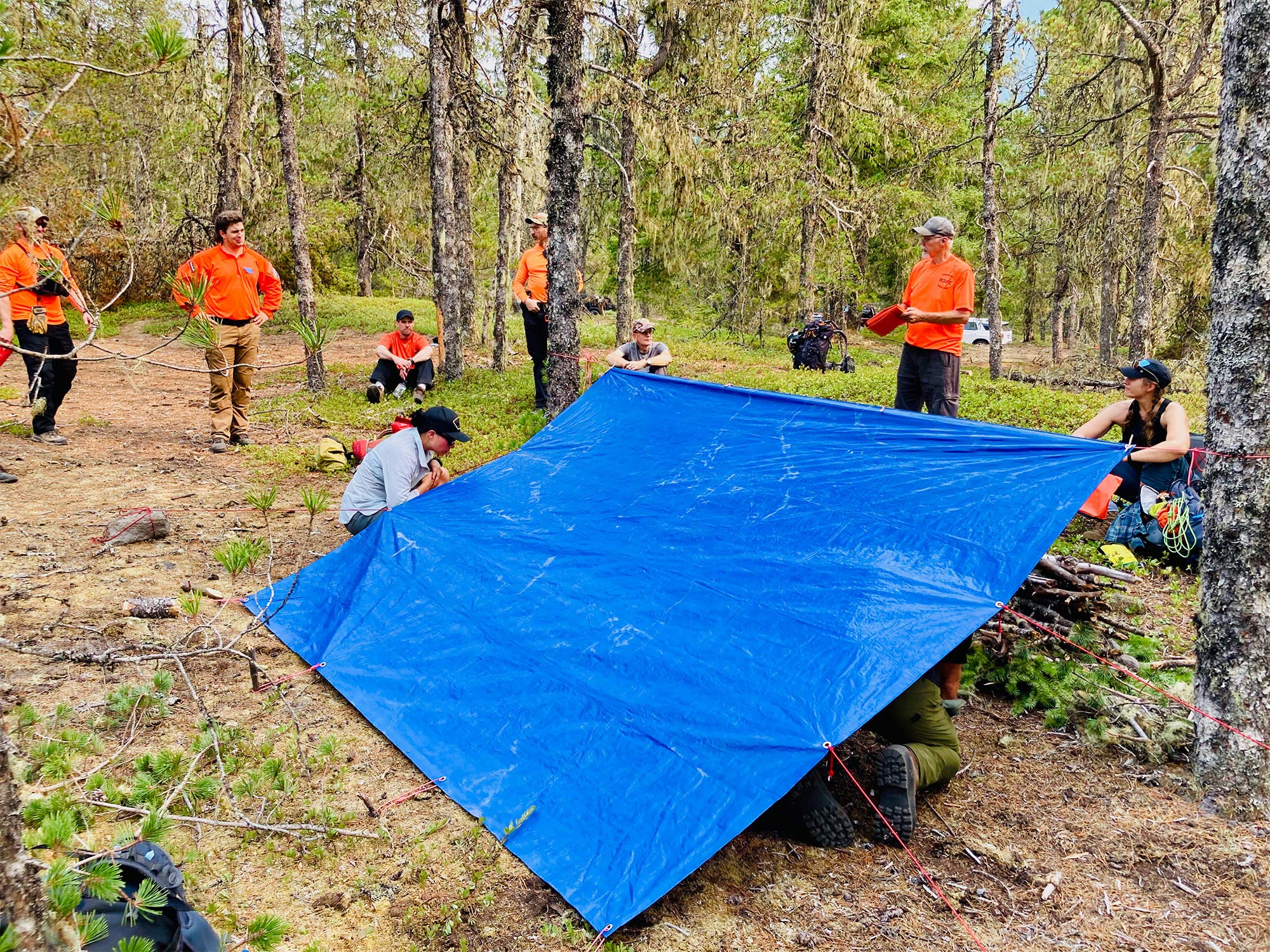 Several search and rescue members in the field examining a tarp shelter