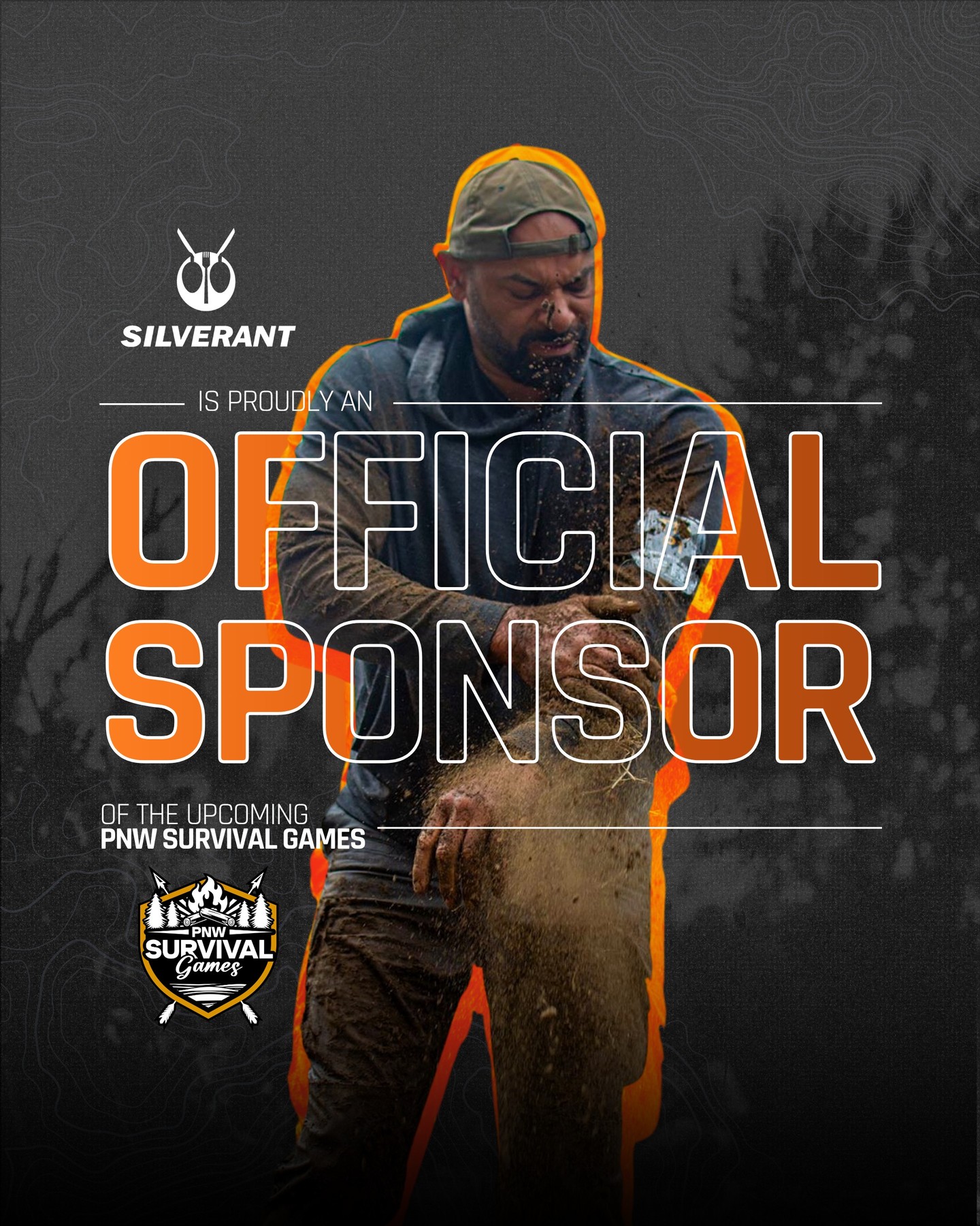 A man rubs dirt on his clothing for a detection and concealment challenge, text reads Silverant is proudly an official sponsor of the upcoming PNW Survival Games