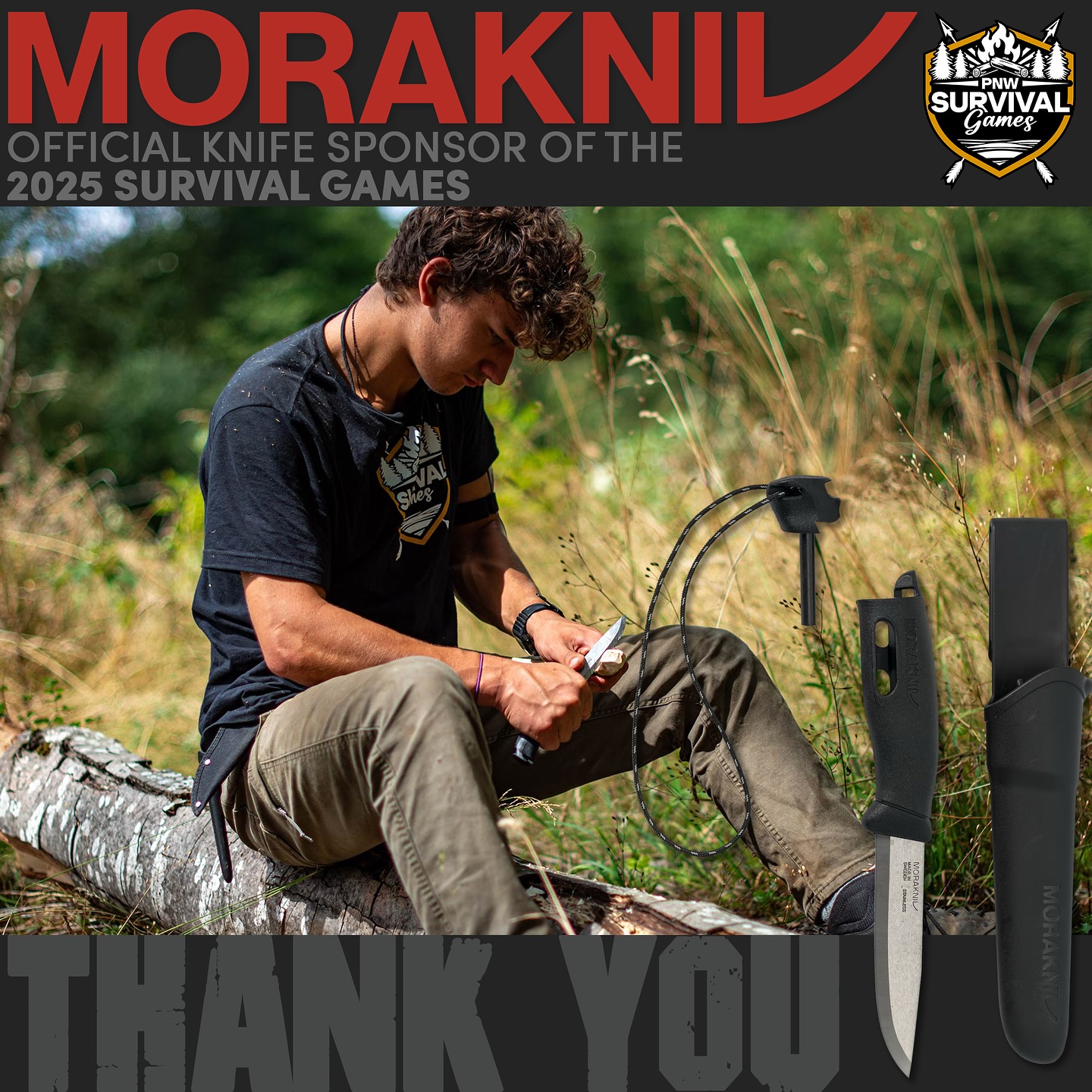 A young man carves wood with a knife with a knife product image overlaid along with a sheath and small ferro rod, text reads Morakniv official knife sponsor of the 2025 survival games, thank you